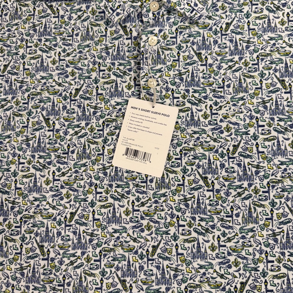 Rhoback The Quarter Polo Mens XL White New Orleans Print Performance Shirt NOLA - Picture 3 of 9